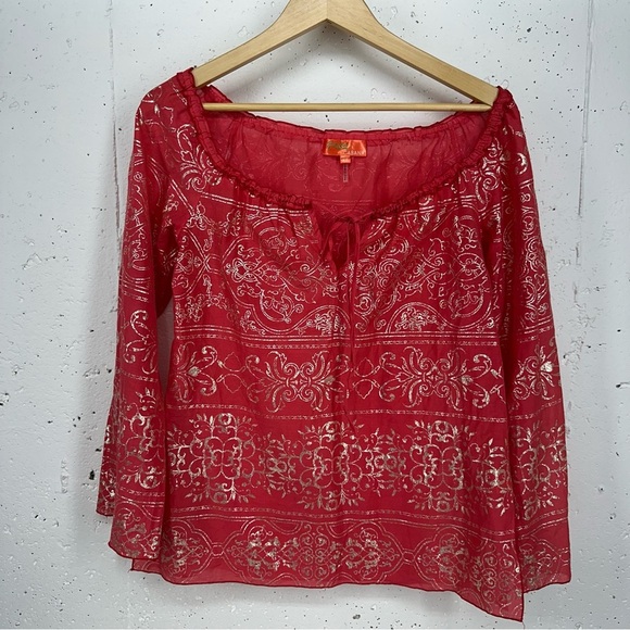 Hale Bob Women’s size XS Hot Pink & Gold Lightweight Peasant Blouse - Picture 4 of 12